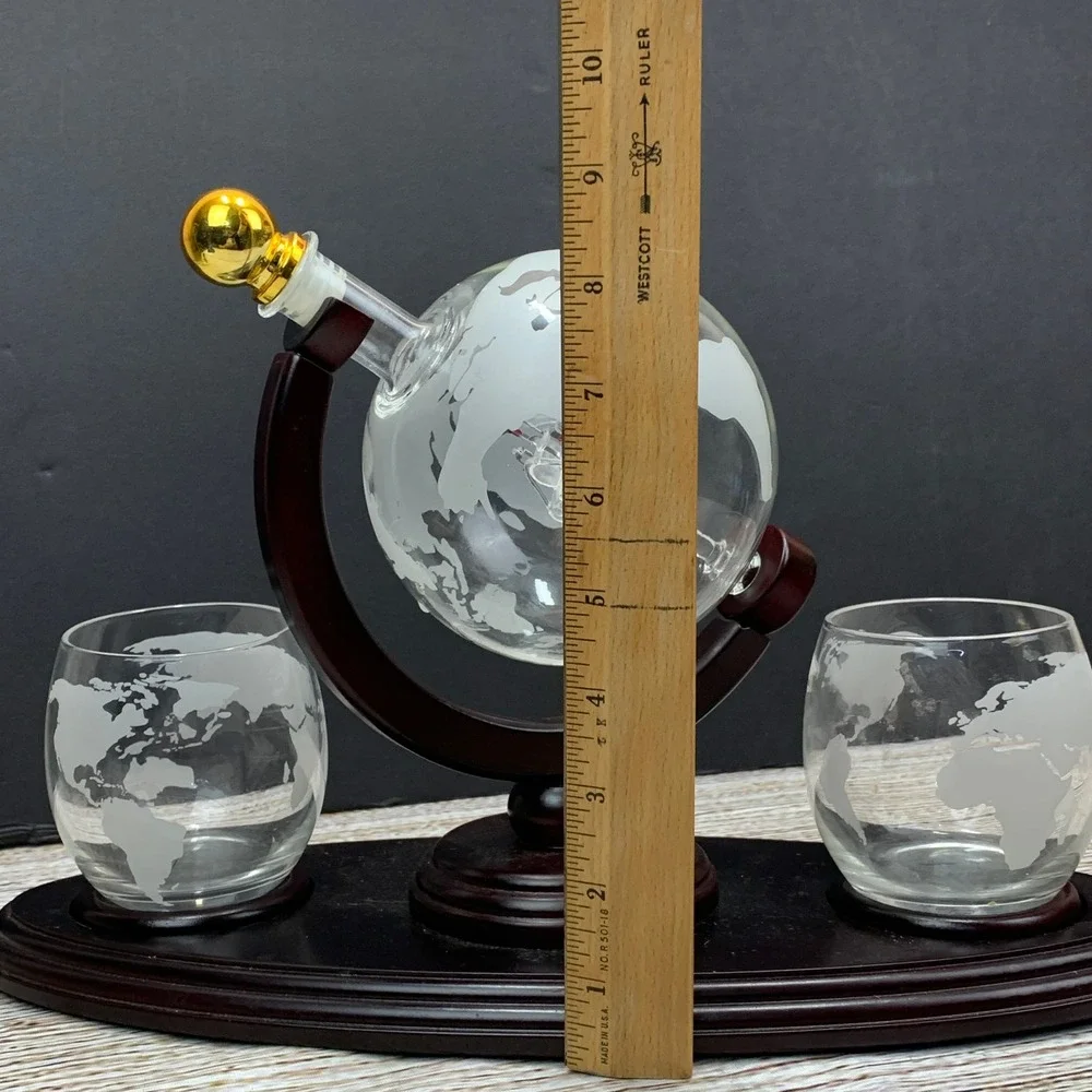 Globe Decanter Set Ship Inside 2 Etched World Map‎ Glasses Wooden Base